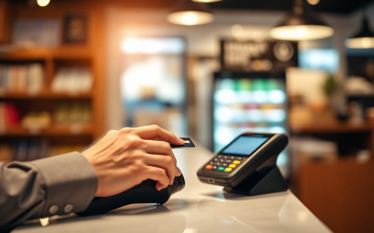 Customer paying with a credit card on a countertop payment terminal