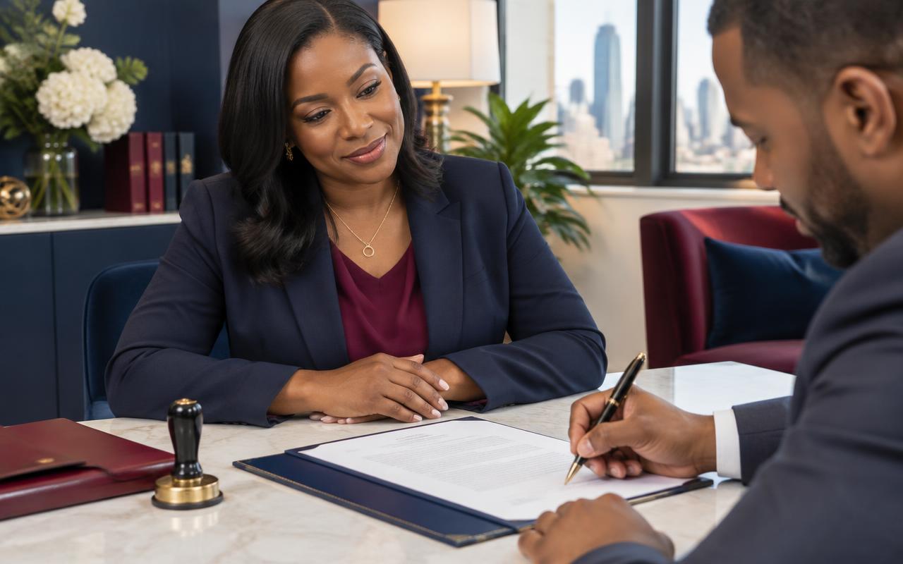Mobile notary professional witnessing a client sign official documents