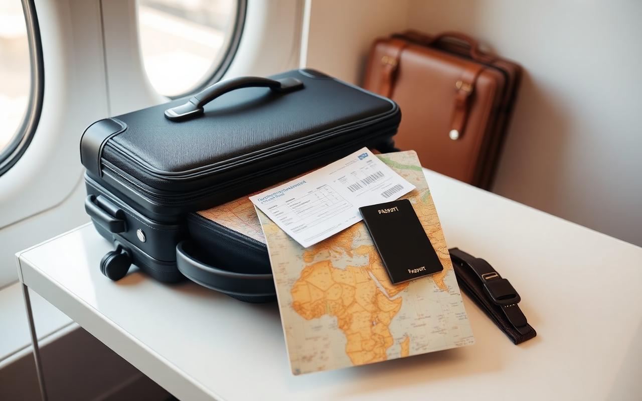 Packed carry-on luggage with passport, boarding pass and travel map